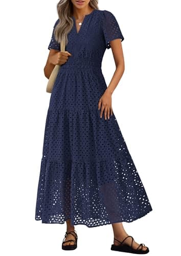 PRETTYGARDEN Womens 2026 Summer Maxi Dress Short Sleeve V Neck Hollow Out Eyelet A Line Long Flowy Beach Vacation Dresses (Navy,Large) - Image 1