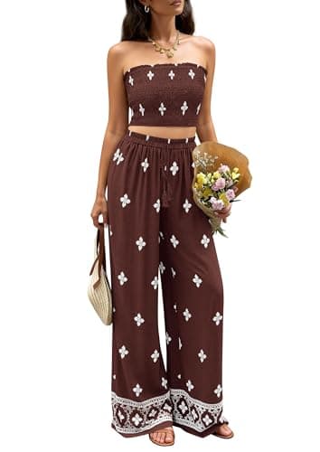 PRETTYGARDEN 2 Piece Sets for Women Summer 2026 Fashion Clothing Boho Tube Tops Wide Leg Pants Cruise Beach Vacation Outfits (Brown,X-Large) - Image 1