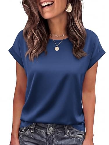 BTFBM Summer Tops for Women 2026 Dressy Satin Blouses Loose Crew Neck Short Sleeve Shirts Work Business Casual Outfits(Dark Grey Blue, X-Large) - Image 1