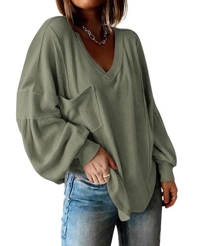 BTFBM Womens Fall Fashion 2026 Long Sleeve Shirts Casual V Neck Ribbed Knit Blouses Pullover Trendy Loose Fit Tunic Tops(Bean Green, X-Large) - Image 1