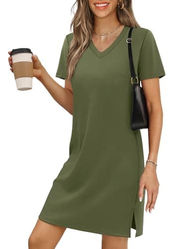 RUMIA Summer Casual Dresses for Women 2026 Mini Vacation Dress V Neck Short Sleeve Split Hem Beach Sundress ArmyGreen M - Image 1