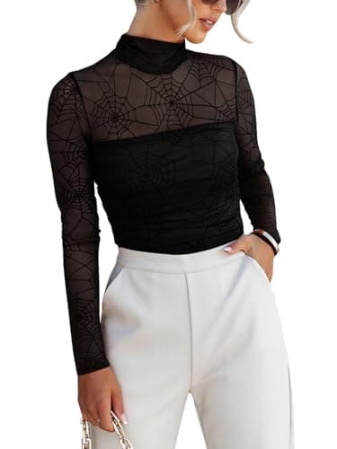 REORIA Women’s Trendy Sexy Mock Turtle Neck Long Sleeve Sheer Mesh Ruched Going Out Bodysuits Tops - Image 1