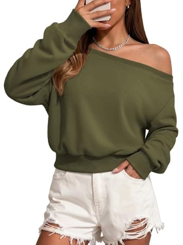 ATHMILE Womens Green Off the Shoulder Sweatshirt Crop Top Long Sleeve Pullover Comfy Sexy Y2K Casual Fall Outfits 2026 - Image 1
