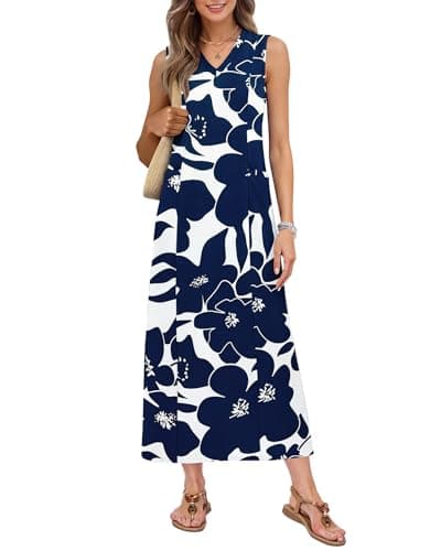 MISFAY Women Summer Casual Sleeveless Maxi Sundress 2026 A-Line Flowy Long Dresses Resort Wear with Pockets(White Navy Flower,XL) - Image 1