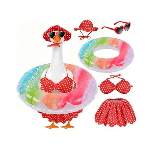 yuboo Hawaiian Porch Goose Outfits, 23" Summer Bikini Goose Outfit, Goose Statue with Hat Sunglasses & Swimming Ring for Outdoor Garden Lawn Yard Decor - Image 1