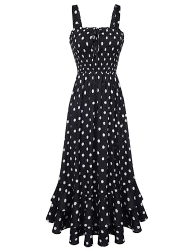 GRACE KARIN Women's 2026 Summer Floral Boho Dress Square Neck Strapped Swing A Line Sundress Beach Long Maxi Outfits Black White Dots M - Image 1