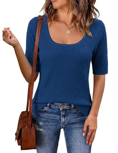 Totatuit Women Short Sleeve Lightweight Sweaters Elbow Sleeve Tops Textured Knitted Pullover Jumper Trendy Layering Blouse Shirts Casual Business Clothes for Work Teachers Blue X-Large - Image 1