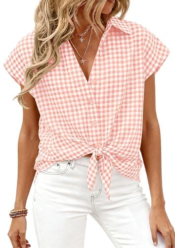 PRETTYGARDEN Womens Short Sleeve Shirts Plaid Button Down Blouse Dressy Casual 2026 Summer Spring Business Gingham Work Tops (Light Pink,Large) - Image 1