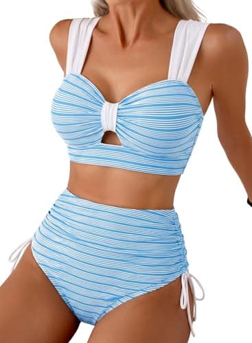 Herseas Women's Modest Bikini Sets Textured High Waisted Push Up Double DD Top Swim Suit 2026 Wide Shoulder Straps Supportive Bathing Suits Casual Resort Swimming Wear Sky Blue XX-Large - Image 1