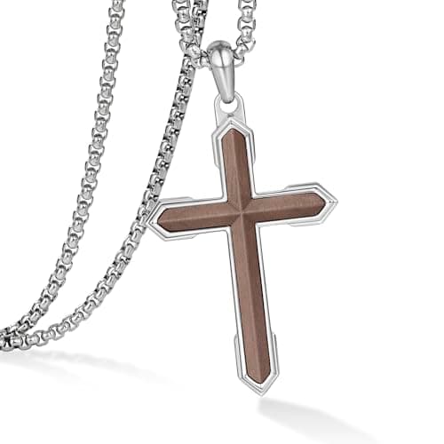 GTMJ Wooden Cross Necklace for Men, Stainless Steel, Black, 24-26 Inch Adjustable Box Chain, Military Theme (Silver Walnut) - Image 1