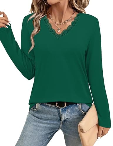 JUSTFASHIONNOW Lace Long Sleeve Tops for Women V Neck T Shirts Business Casual Blouses Cute Tunic Tops Trendy Comfy Tee Winter Outfits 2025 (Dark Green,Small) - Image 1