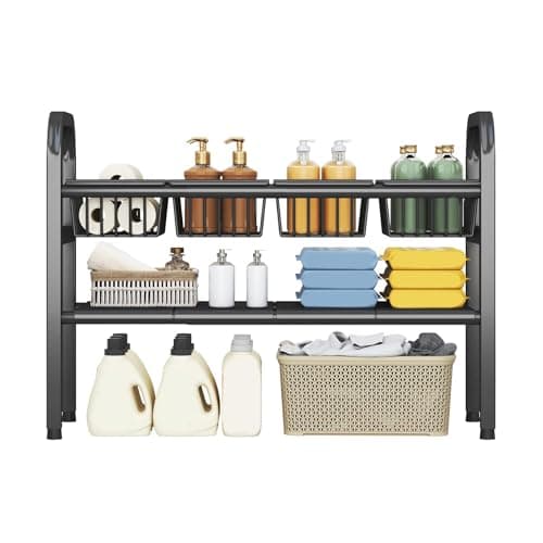 MeiChaoMeiJia Under Sink Organizers and Storage, 2 Tier Expandable Length Adjustable Height Under Sink Organizer, Easy Assembly Heavy Duty Carbon Steel Space Saving Under Cabinet Shelf Storage Rack - Image 1