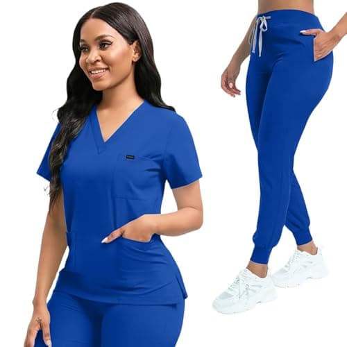 YEZEX Scrubs for Women Set, Stretch V-Neck Top & Jogger Scrub Pants, RoyalBlue