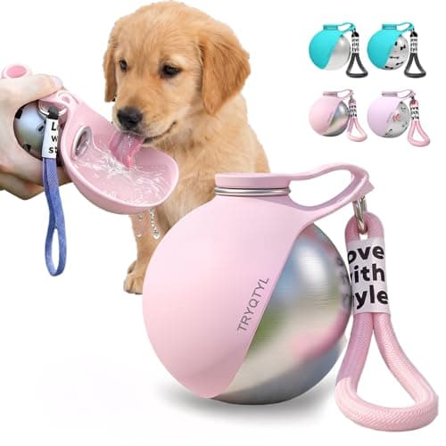 TRYQTYL Dog Water Bottle, 10oz Stainless Steel Portable Dog Water Bottle with Foldable Silicone Bowl, 2-in-1 Portable Dog Water Bowl for Water & Food, Water Dispenser for Dogs Walking (Pink) - Image 1