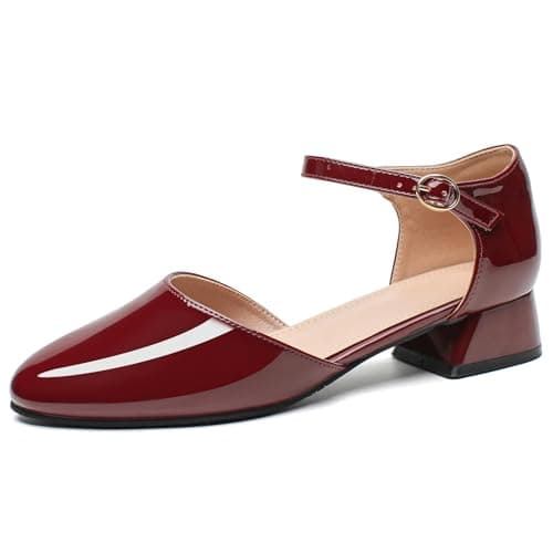 Women's Chunky Block Heel Pumps Comfortable Leather Round Toe Ankle Strap Pumps Dress Office Party Dress Shoes Red Size 10 - Image 1
