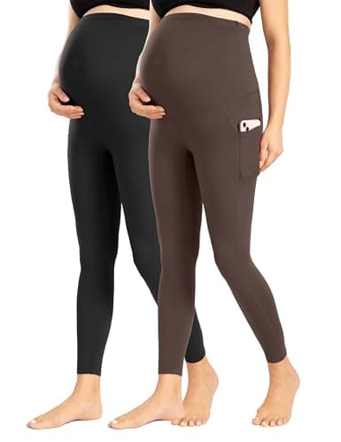 Enerful Women's Maternity Leggings Over The Belly with Pockets Pregnancy Pants Active Wear Workout Yoga Tights,Black Coffee Small - Image 1