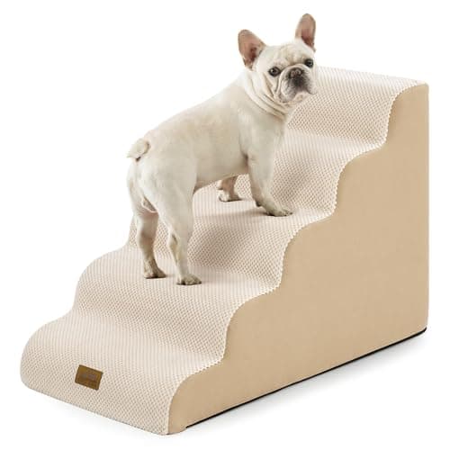 Extra Wide Dog Stairs 19.7" Width, Pet Step for Small Medium/Large Dog, Puppy or Cat, Pet Ramp for High Bed or Car, High Density Foam Ladder, Stable, 5 Step, 19.7x33x22.4 in, Beige - Image 1