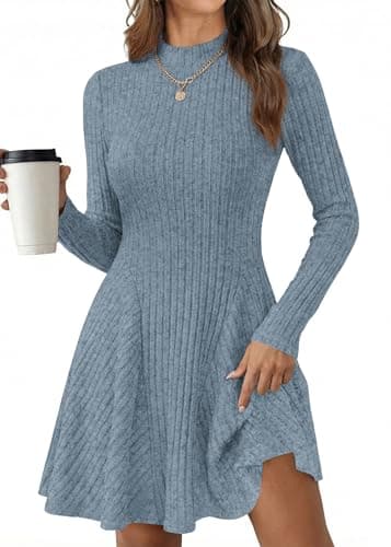 KIRUNDO Sweater Dress for Women 2026 Spring Fall Long Sleeve Mock Turtleneck A Line Fit and Flare Ribbed Knit Short Dresses(Dusty Blue, Small) - Image 1