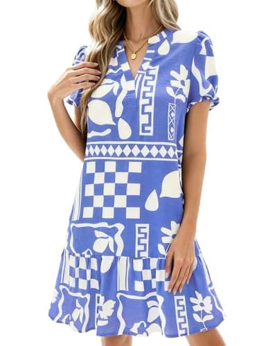 dowerme Womens Summer Dresses 2026 Puffy Sleeve V Neck Loose Floral Print A Line Boho Mini Babydoll Dress with Pockets(Blue White Flower,Small) - Image 1