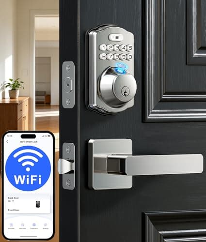 Veise VE012W-L Built-in Wi-Fi Fingerprint Smart Lock with Lever Handle Set, App Remote Control, Keyless Entry for Front Door, Deadbolt Digital Backlit Keypad, Voice Assistant, Auto Lock, Satin Nickel - Image 1