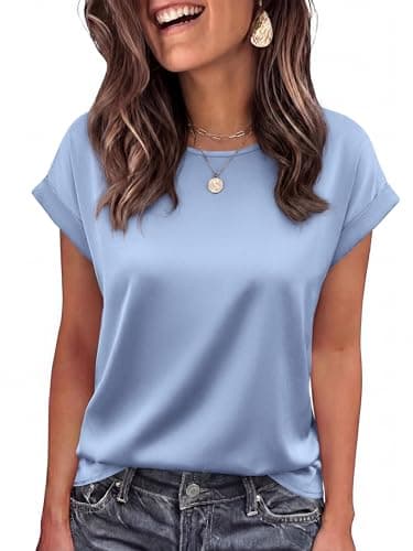BTFBM Summer Tops for Women 2026 Dressy Satin Blouses Loose Crew Neck Short Sleeve Shirts Work Business Casual Outfits(Light Blue, XX-Large) - Image 1