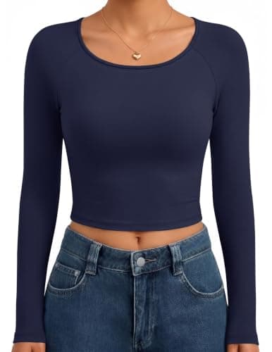 Ekouaer Long Sleeve Tops for Women Raglan Cropped Shirts Scoop Neck Underscrubs Basic Clothing Navy Blue XL - Image 1