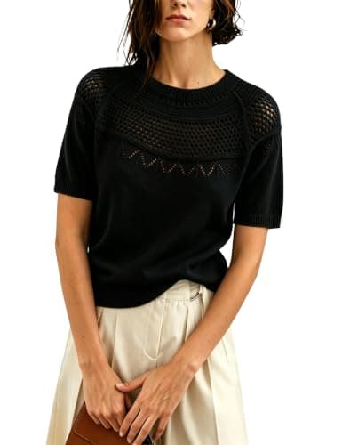 Yeokou Womens Short Sleeve Sweater Round Neck Eyelet Knit Crochet Pullover Summer Fall Casual Top Blouse(Black-XL) - Image 1