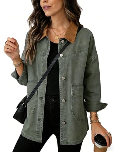 Yeokou Women's Oversized Contrast Collar Denim Barn Jacket Button Down Big Pockets Spring Fall Transitional Outfits(ArmyGreen-S) - Image 1