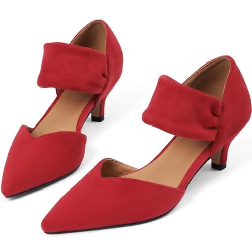 COMFITORIA Womens Low Kitten Heels Closed Pointed Toe Slip on Pumps Ankle Strap Heels Sexy Elegant Bridal Party Dressy Shoes, Red, Size 6 - Image 1