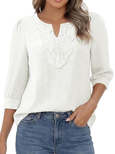 Funlingo 3/4 Length Sleeve Womens Tops Boho V Neck Lace Shirts Spring Trendy Swiss Dot Blouses Dressy Casual Vacation Clothes White M - Image 1