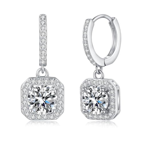 HYLYLEED 0.5CT-2CT Halo Moissanite Drop Dangle Earrings for Women 18K White Gold Plated Hypoallergenic 925 Sterling Silver D Color VVS1 Huggie Hoop Earring Mother's Day Gift, C-Drop Halo 2CT-(1ct*2) - Image 1