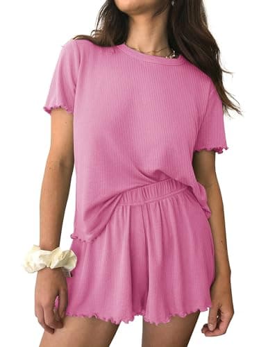 Ekouaer Womens Pajamas 2 Piece Ribbed Knit Pjs Short Sleeve Sleepwear Set Summer Soft Pajamas Set Casual Lounge Sets Pink M - Image 1