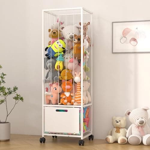 BUKFEN Metal Stuffed Animal Storage Zoo Toy Organizer - Large Capacity Plush Holder with Adjustable Elastic Cords & 4 Wheels, Vertical Space-Saving Design for Kids Nursery Playroom Bedroom,White - Image 1