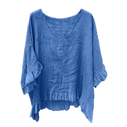 Womens Summer Tops 3/4 Sleeve, V Neck Casual Loose Fit Ruffle Sleeve Blouse for Women, Lightweight Trendy Flowy Vacation Women's T Shirt 2026 Blue XL - Image 1
