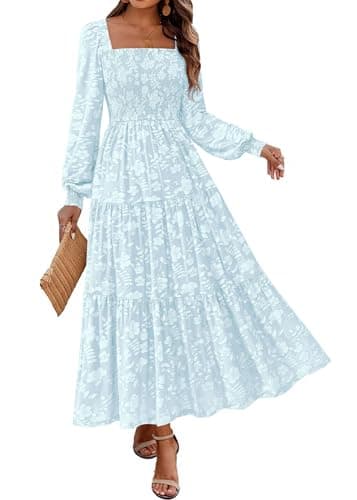 KIRUNDO Wedding Guest Dresses for Women 2026 Fall Long Sleeve Smocked Floral Flowy Spring Baby Shower Maxi Dress Pockets (Light Blue, XX-Large) - Image 1