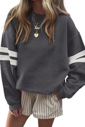 KevaMolly Women Varsity Striped Drop Shoulder Sweatshirt Dark Grey XXL - Image 1