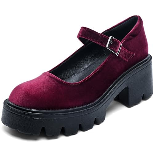 Elvora Women's Mary Jane Shoes - Platform Mary Janes for Women, Burgundy Velvet Round Toe Chunky Dress Shoes with Adjustable Ankle Strap - Image 1