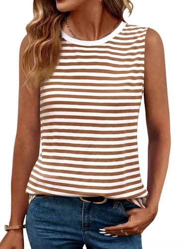 GKBK Womens Tank Tops High Neck Loose Fit Casual Summer Sleeveless Shirts 2026 Beach Vacation Outfit Cured Hem White/Brown - Image 1