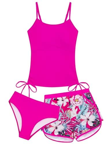 Seanrui Tween Bathing Suits Girl Tankini Swimwear Size 9-10 3 Piece Swimsuit with Printed Sport Shorts Sets