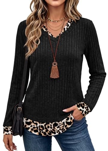 WIHOLL Leopard Print Boho Tops for Women Long Sleeve Shirts Fall Sweaters L - Image 1
