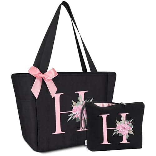 Vavabox Tote Bag, A-Z Initial Monogrammed Waterproof Tote Bag, Bridesmaid Gifts for Women, Black and Pink (H, Black Set) - Image 1