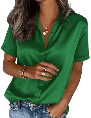 PRETTYGARDEN Womens 2026 Summer Button Down Shirts Short Sleeve Work Tops Dressy Satin Blouses Spring Business Casual Outfits (Green,X-Large) - Image 1