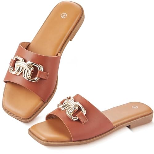 YTSKJ Women's Sandals Square Toe Casual Summer Ladies Slides Cute Beach 2026 Trendy Faux Leather Flat with Golden Chain, Brown, Size 6 - Image 1