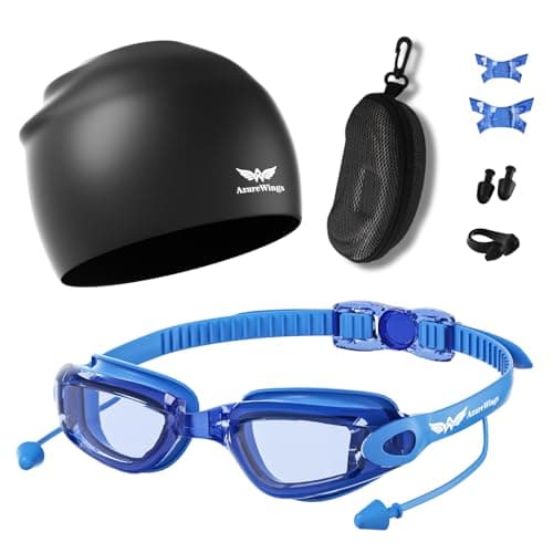 AzureWings 7 in 1 Swim Goggles + Swim Cap for Men Women,No Leak Anti-Fog & UV, Wide Visio HD Mirror PC Lens (Deep Blue)