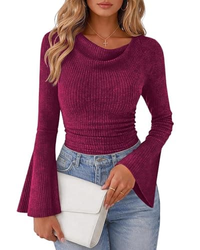 Lazysmile Women's Bell Sleeve Cowl Neck Ribbed Knit Shirts 2057 Ruched Trendy Going Out Tops Casual T Shirt Rose Red - Image 1