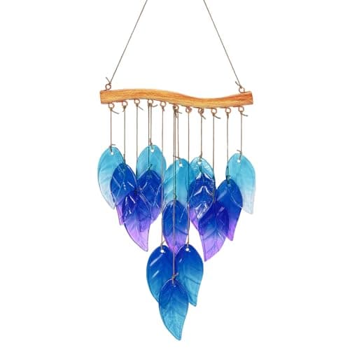 Wind Chimes Blue Glass Leaves, Garden Wind Chime for Home, Party, Festival Decor, Glass Garden Patio Yard Porch Decoration Indoor/Outside, Lifelike Leaf Style - Image 1