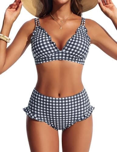 Hanna Nikole Women Swim Suit 2026 High Waisted Vacation Bikini Sets Bathing Suit Black White Plaid XL - Image 1