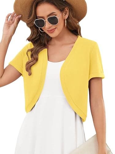 Heymoments Women's Short Sleeve Shrugs Yellow Small Lightweight V-Neck Open Front Cropped Cardigan Knitted Bolero Sweaters Elegant Dresses Cover Up - Image 1
