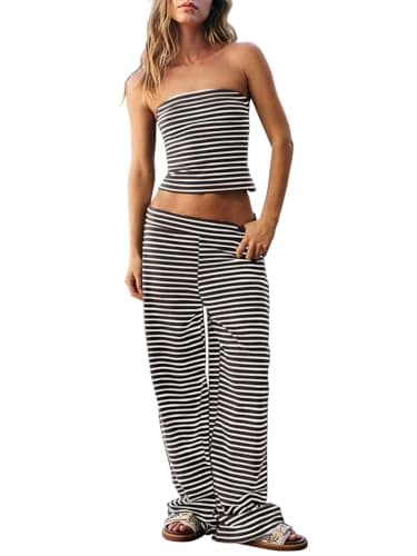 Dokuritu Womens Two Piece Sets Sleeveless Casual Striped Tube Top & Wide Leg Pants Low Waist Summer Two Piece Sets Beach Vacation Y2k - Image 1