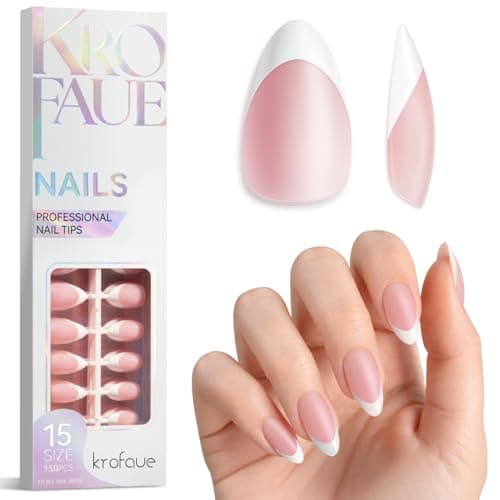 Krofaue French Tip Short Almond Nail Tips–Pink Matte White Tip Full Cover Press On Nails, 15 Sizes Almond Fake Nails for Nail Salon & Home DIY - Image 1